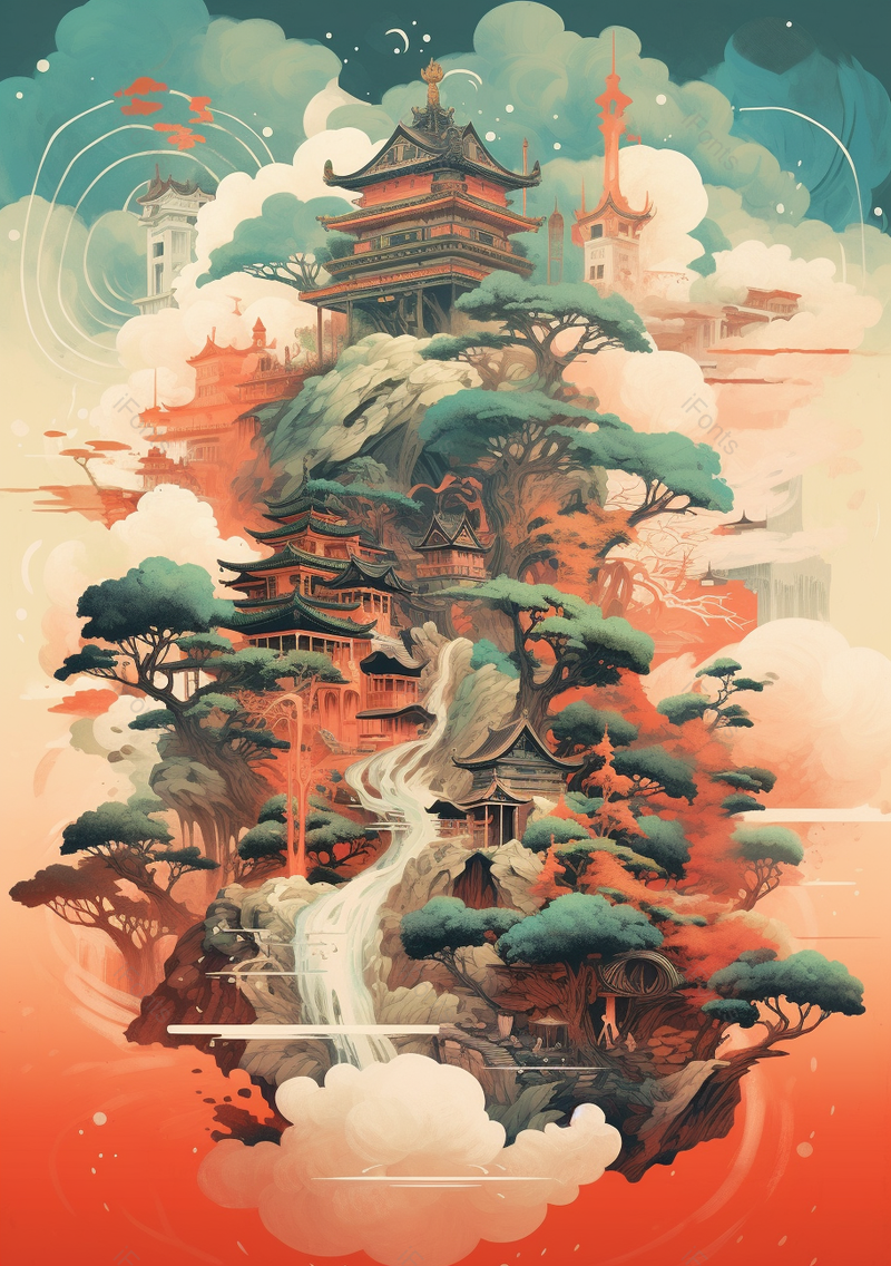 重庆酉阳龚滩古镇祥云环绕悬空的山峰古城城市古风建筑房屋瀑布飞流,插画/手绘图,插画/手绘图库,插画/手绘图下载,插画/手绘